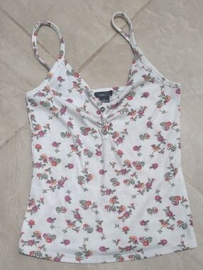 Rue21 White Ribbed Floral Cami with Pink and Orange Rose Print